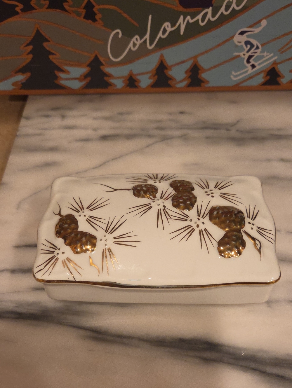 Vintage White Porcelain Trinket Box with Gold Pinecone Motif